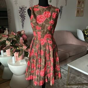 Vintage 50s rose floral pleated midi dress